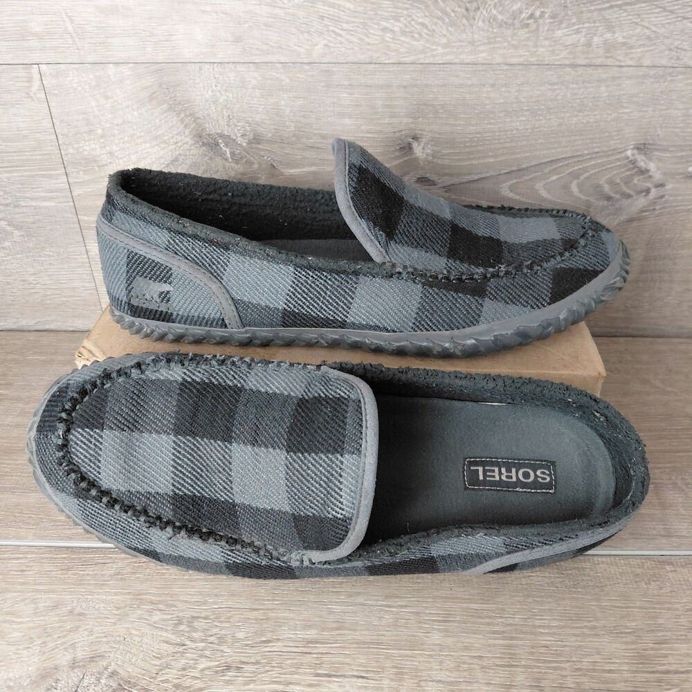 Sorel Dude Moc Slippers Mens 12 Grey Black Buffalo Plaid Slip On Moccasin Shoes